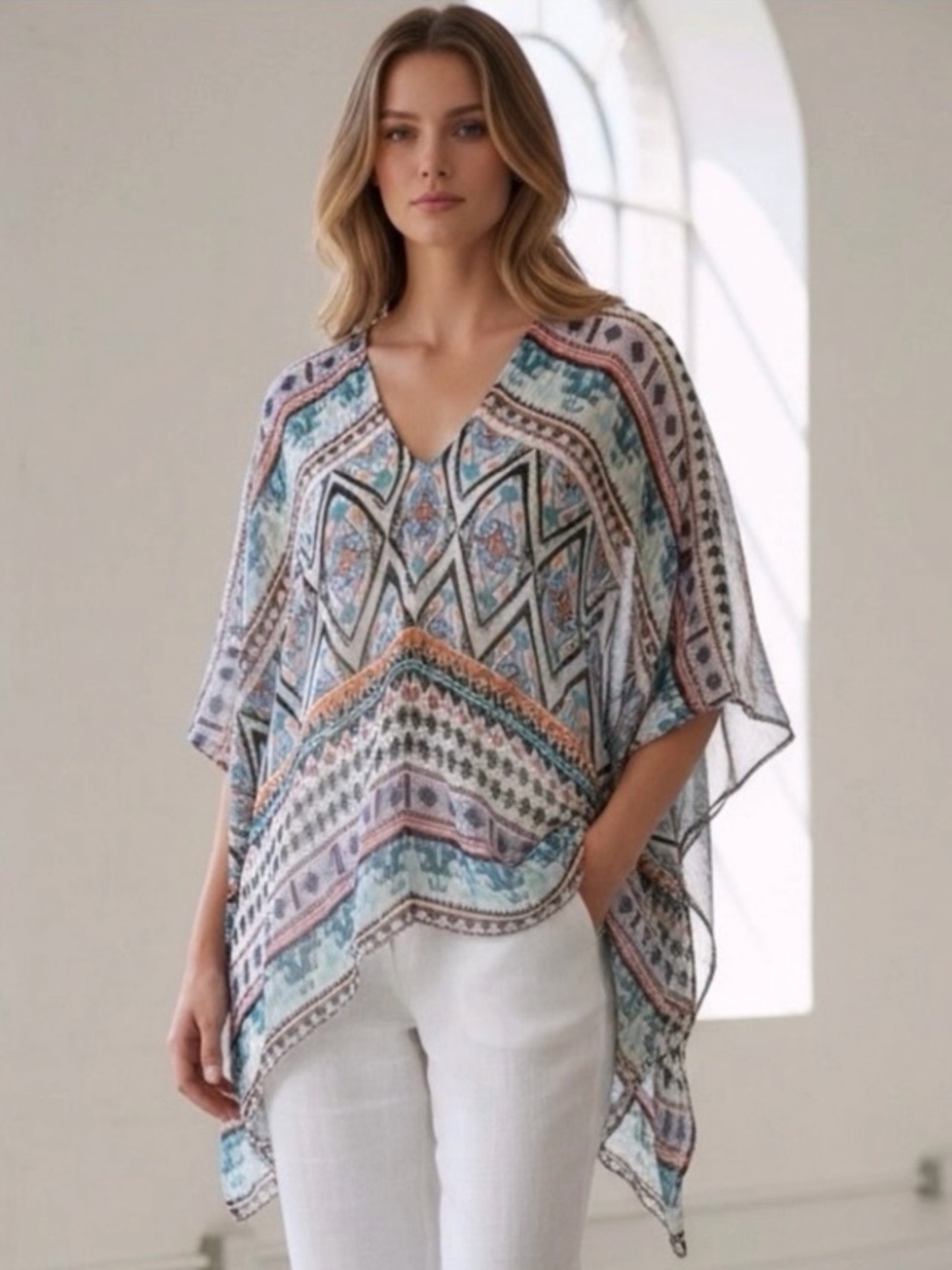 Hale Bob Silk Poncho Blouse Top V Neck Geometric Tunic Cover Up Small Revolve